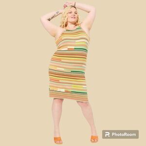 6X 30W Torrid Crochet 70s Knit Mini Sweater Dress Orange Green Sherbet Stretch c